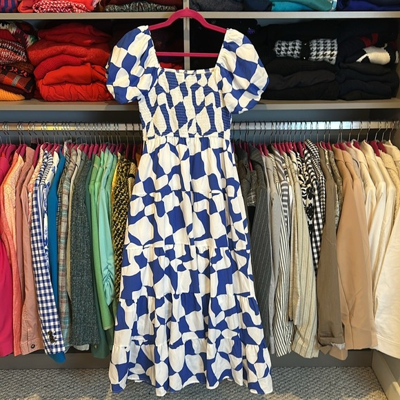 Pretty Garden white/blue print short sleeve smocked lined midi dress size S NWT - Picture 3 of 3